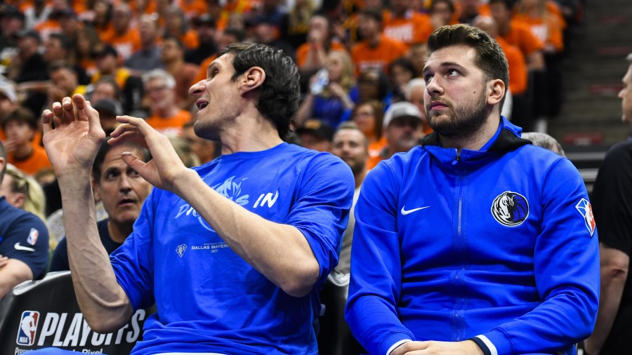 Dallas Mavericks guard Luka Doncic sits on the bench against the Utah Jazz (Photo by Alex Goodlett/...