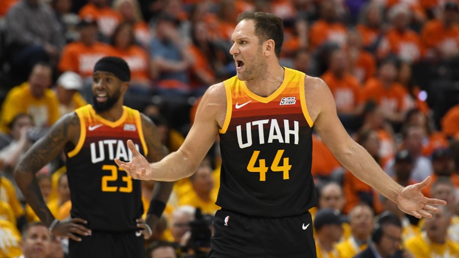 Utah Jazz forwards Bojan Bogdanovic and Royce O'Neale (Photo by Alex Goodlett/Getty Images)...
