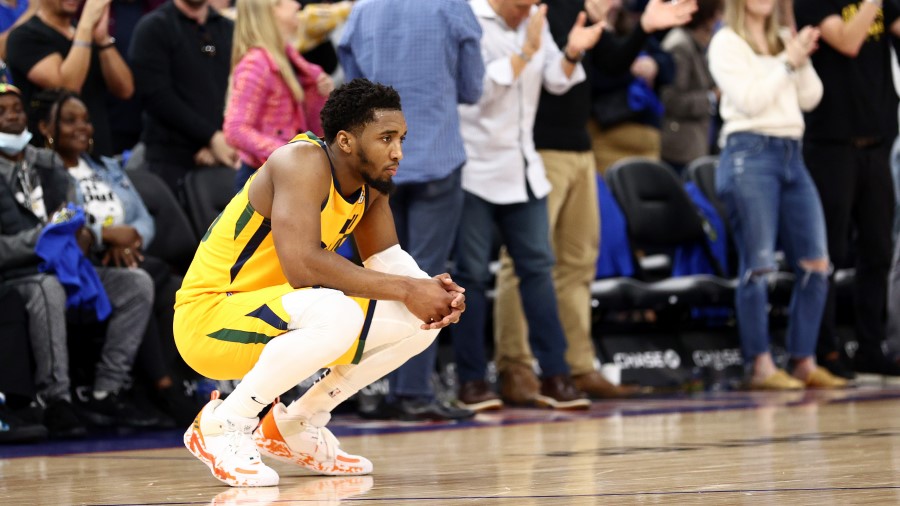 Donovan Mitchell looks on after the Jazz blew a 21 point lead to the Golden State Warriors (Photo b...