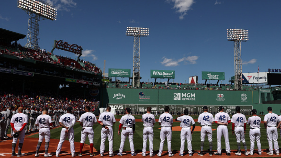 BOSTON, MASSACHUSETTS - APRIL 15: Members of the Boston Red Sox are announced on Opening Day before...