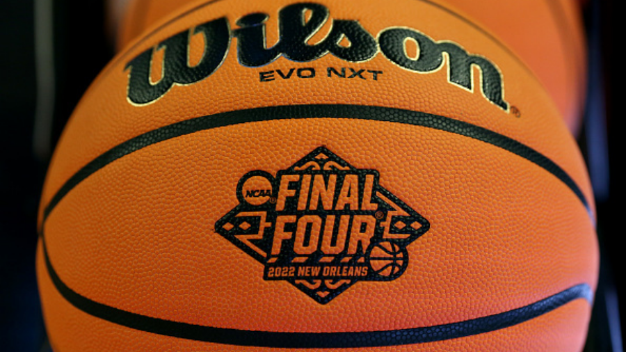 BUFFALO, NEW YORK - MARCH 19: A detailed view of the Final Four logo is seen on a basketball during...