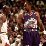 Michael Jordan and Karl Malone greet each other before Game 1 of the 1997 NBA Finals in Chicago. Malone was named the league's MVP ahead of Jordan for the season. (Beth A. Keiser | AP Photo)