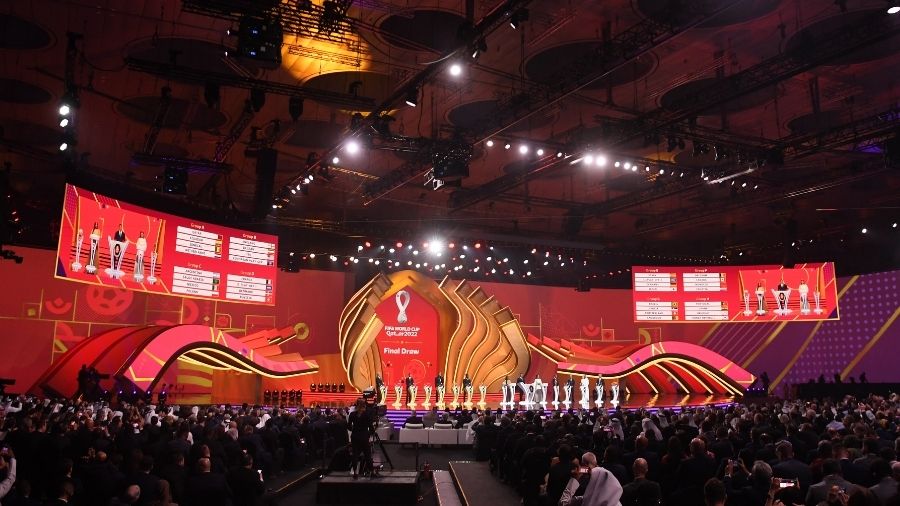 A LED displays the Fifa World Cup Qatar 2022 Final Draw results during the FIFA World Cup Qatar 202...