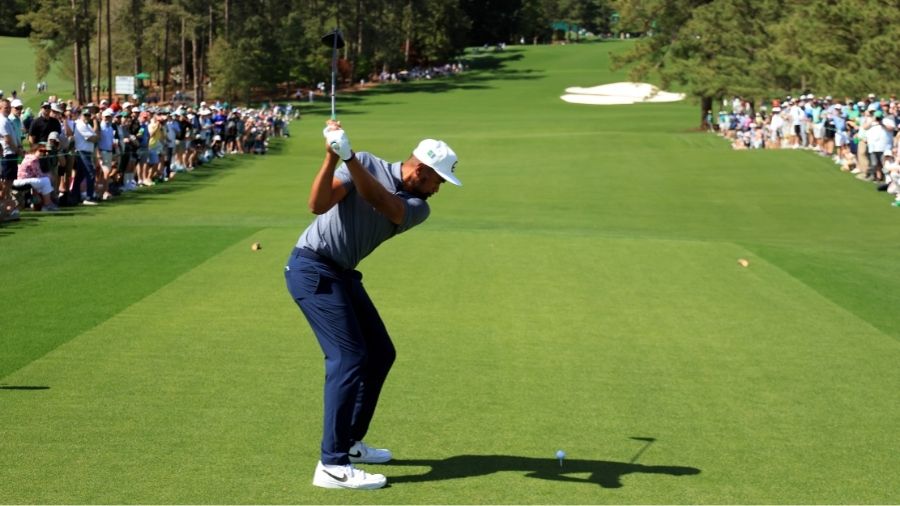 Tony Finau of the United States 8during a practice round prior to the Masters at Augusta National G...