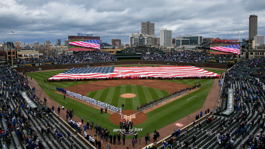CHICAGO, ILLINOIS - APRIL 07: A general view of Wrigley Field during the national anthem before the...