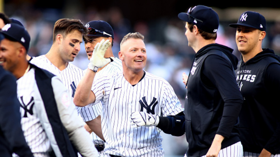 NEW YORK, NEW YORK - APRIL 08: Josh Donaldson #28 of the New York Yankees celebrates after hitting ...