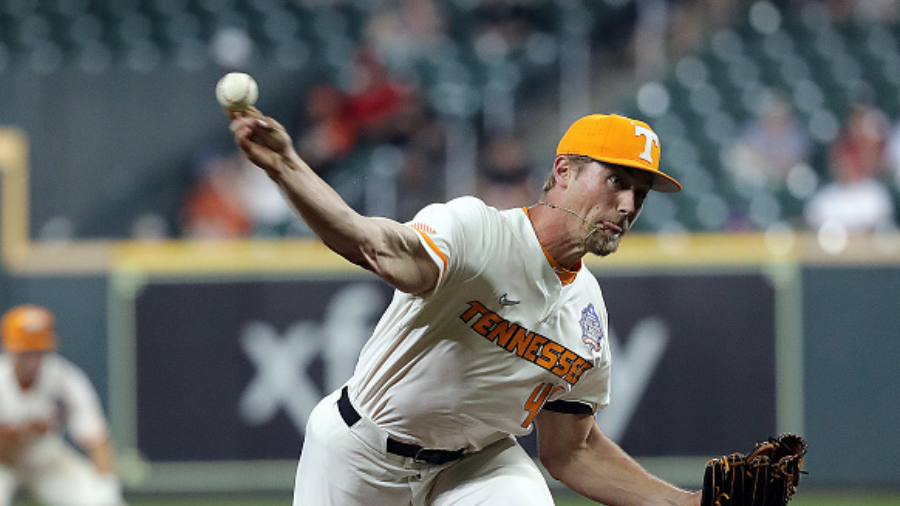 HOUSTON, TEXAS - MARCH 05: Ben Joyce #44 of the Tennessee Volunteers pitches in the back eighth inn...