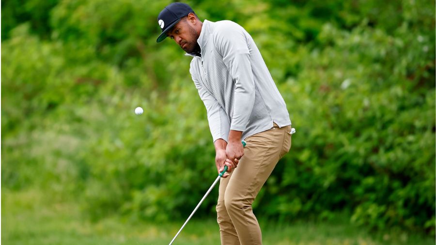 Tony Finau of the United States plays his shot on the 13th hole during the first round of the RBC C...