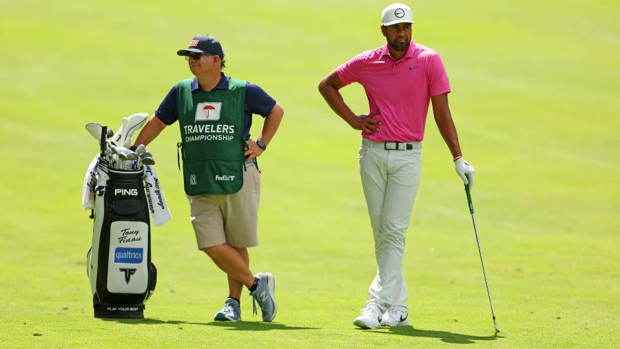 Tony Finau of the United States prepares to play a shot on the tenth hole during the second round o...