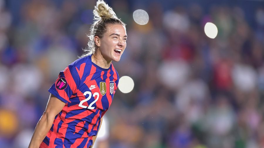 Kristie Mewis of USA celebrates after scoring her team's first goal during the match between United...