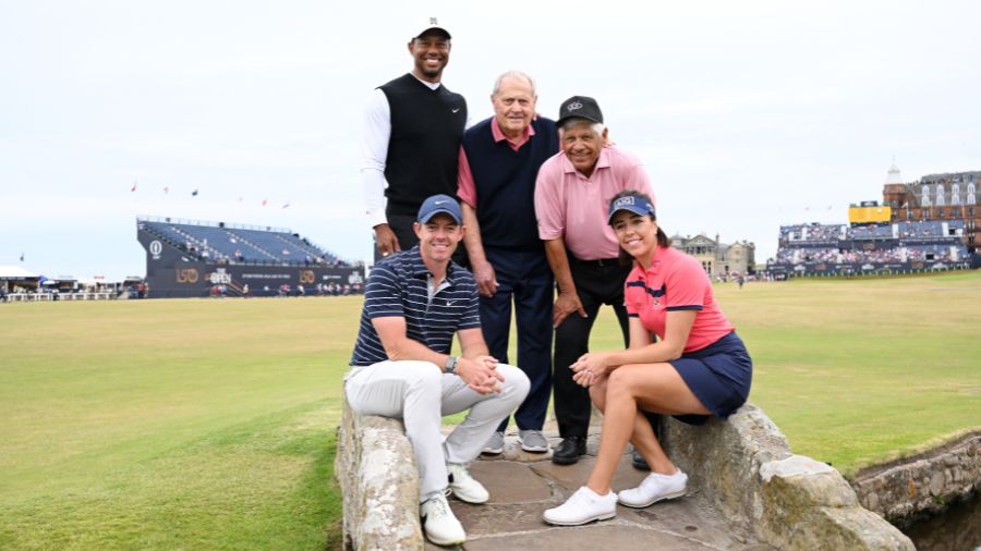 Rory McIlroy of Northern Ireland, Tiger Woods of The United States, Jack Nicklaus, Lee Trevino of T...