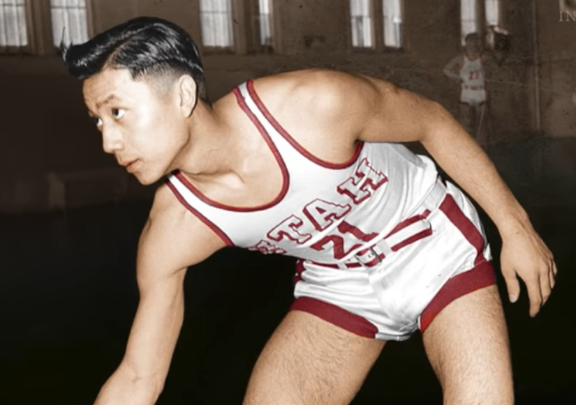 Image of Wataru "Kilowatt" Misaka in the 1940's Utah Utes jerseys (Photo courtesy of UofU Athletics...