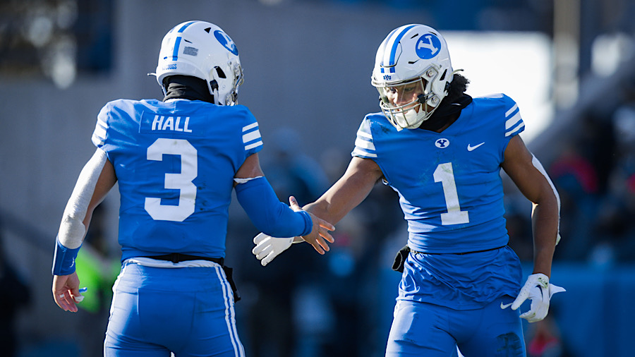 Jaren Hall and Keanu Hill celebrate for BYU football...