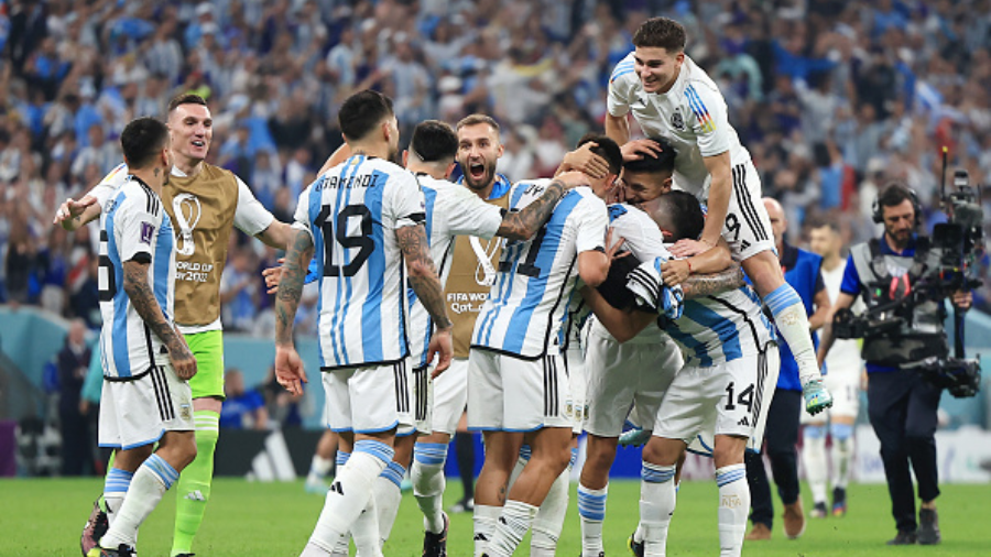 LUSAIL CITY, QATAR - DECEMBER 13: Argentina players celebrate after the team's victory during the F...