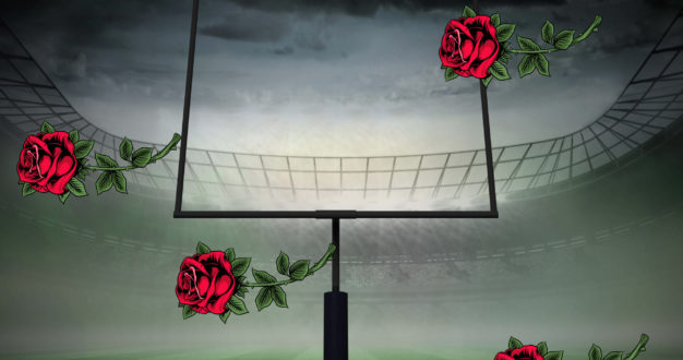 Image of red roses falling over american football goal at stadiu