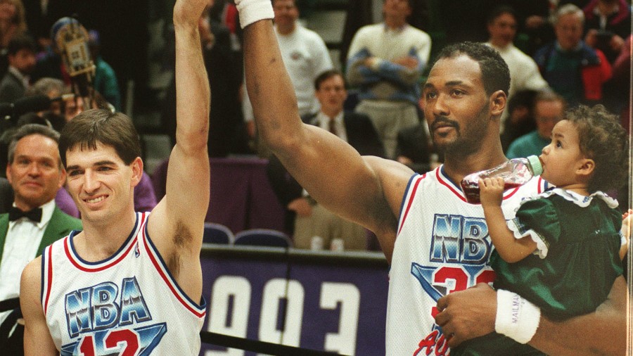 John Stockton and Karl Malone celebrate co-mvp in the Feb. 1993 NBA All-Star game....