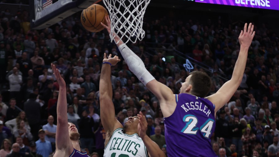 Utah Jazz center Walker Kessler (24) blocks the final shot by Boston Celtics forward Grant Williams...