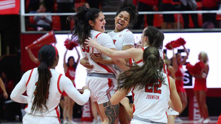 Utah-Womens-Basketball-Celebrate-Big-Win-At-Huntsman-Center...