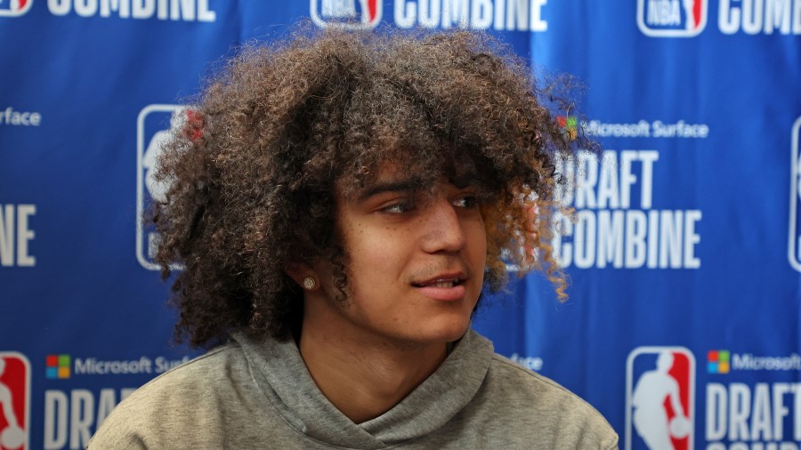 Anthony Black speaks with the media during the NBA Draft Combine (Photo by Stacy Revere/Getty Image...
