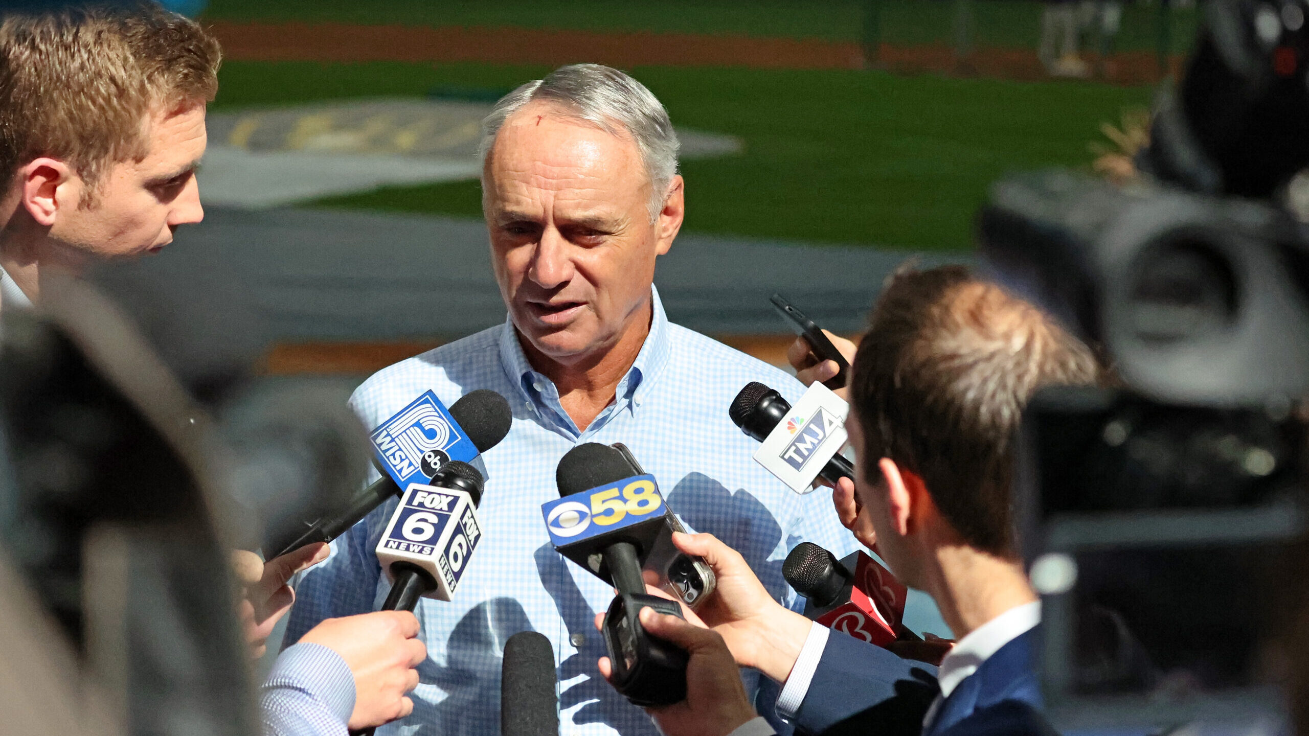MILWAUKEE, WISCONSIN - MAY 25: Major League Baseball Commissioner Rob Manfred speaks to the media p...