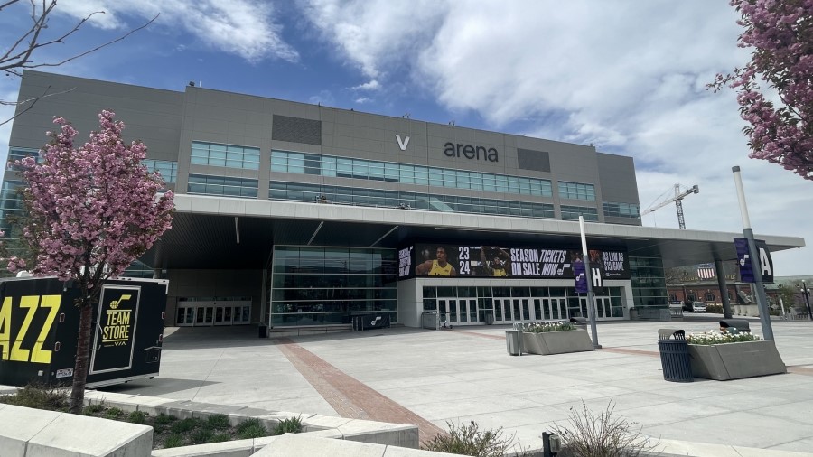 Vivint Arena signage comes down as the building prepares to rebrand as the Delta Center....