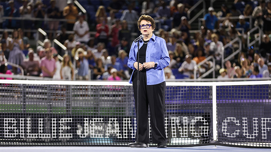 Billie Jean King speaks before the Billie Jean King Cup Qualifier match...