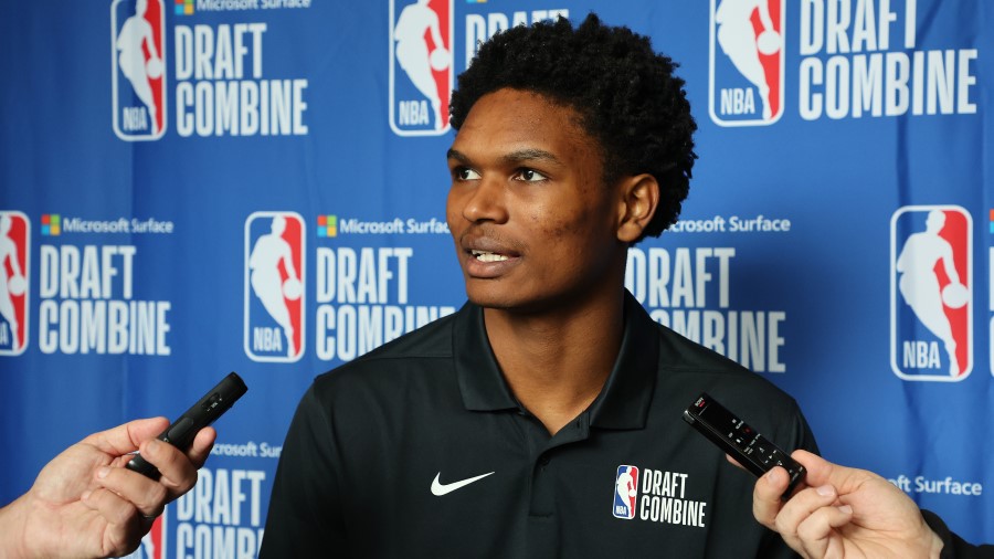 Ausar Thompson speaks with the media during the NBA Draft Combine...