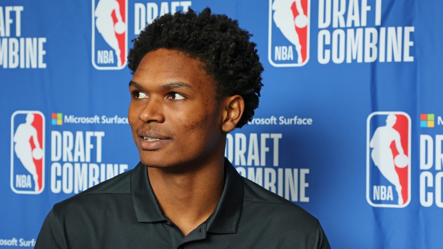 Ausar Thompson speaks with the media during the NBA Draft Combine at the Wintrust Arena on May 17, ...