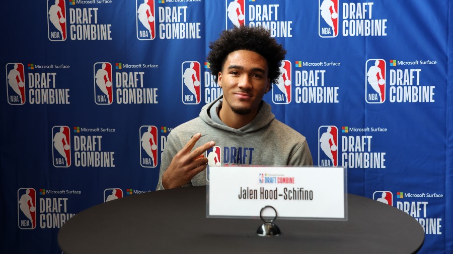 alen Hood-Schifino speaks with the media during the NBA Draft Combine
