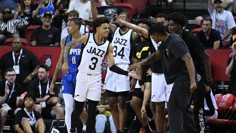 Keyonte George #3 of Utah Jazz reacts to hitting a three point basket against the LA Clippers durin...