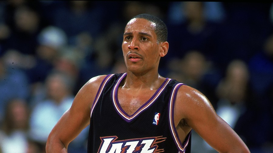Howard Eisley #10 of the Utah Jazz looking on during the game against the Golden State Warriors...