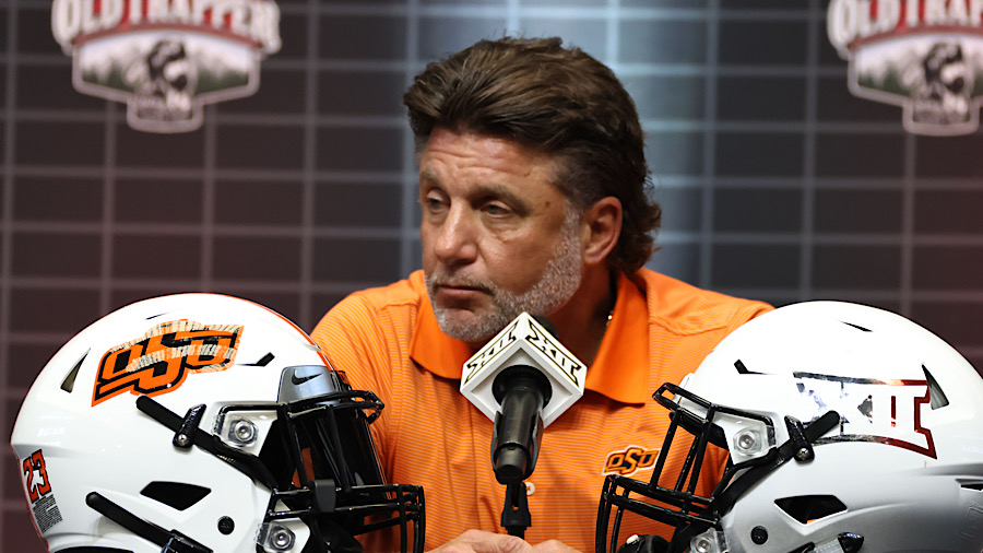 Oklahoma State head coach Mike Gundy speaking at Big 12 Media Days...