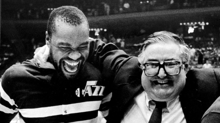 Utah Jazz center Jeff Wilkins and head coach Frank Layden...