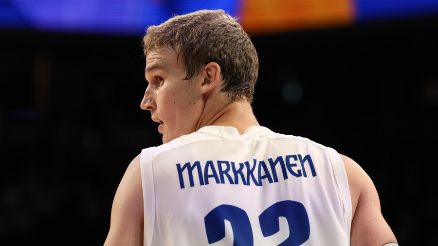 Lauri Markkanen #23 of Finland looks on during the FIBA World Cup...