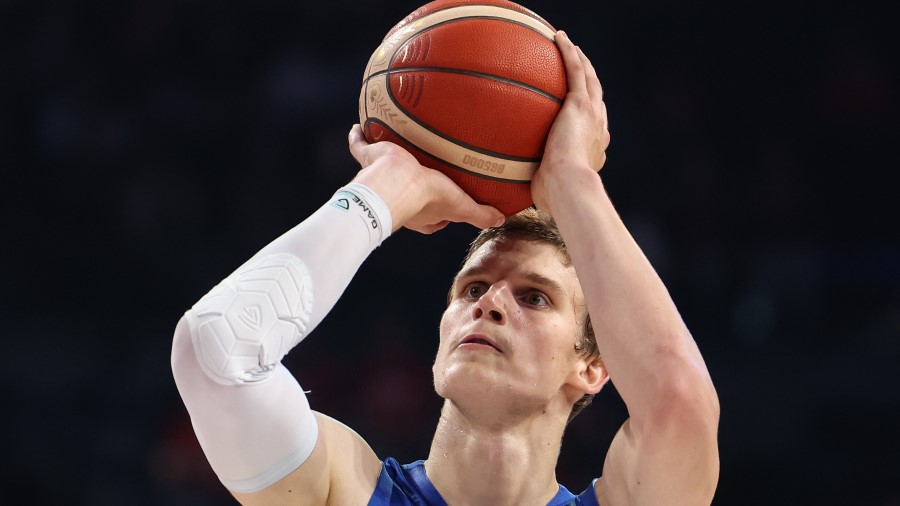 Lauri Markkanen #23 of Finland shoots a free throw during the FIBA Basketball World Cup Classificat...
