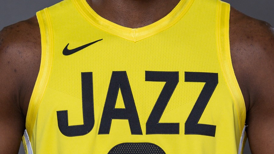 A Utah Jazz jersey without the jersey patch (Photo by Jamie Squire/Getty Images)...