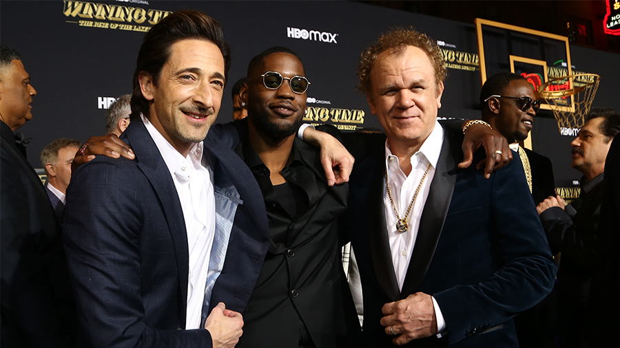 Adrien Brody, Quincy Isaiah and John C. Reilly attend the premiere of HBO's Winning Time: The Rise Of The Lakers Dynasty at The Theater at Ace Hotel