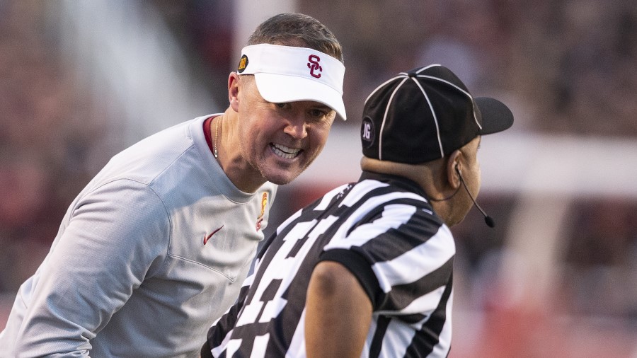 Lincoln Riley head coach of the USC Trojans shouts at the Head Linesman against the University of U...
