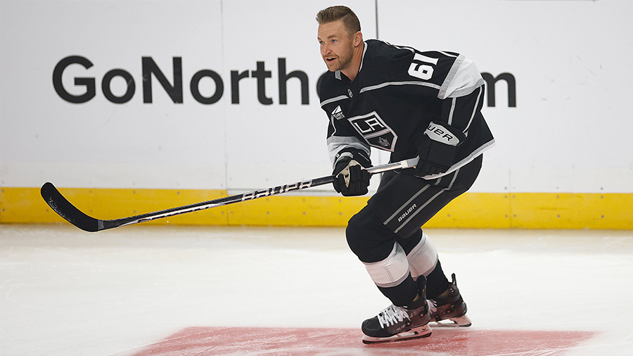 Trevor Lewis #61 of the Los Angeles Kings during warmups at Crypto.com Arena on October 21, 2023 in...