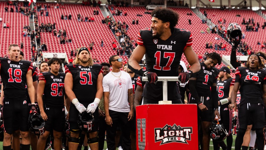 University of Utah football players celebrate their win over PAC-12 opponent Arizona State top play...