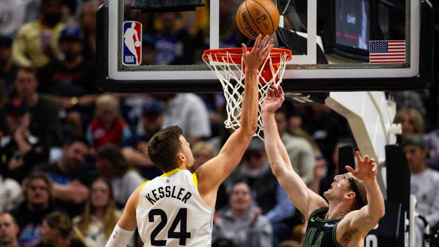 Utah Jazz center Walker Kessler shoots against the New Orleans Pelicans...
