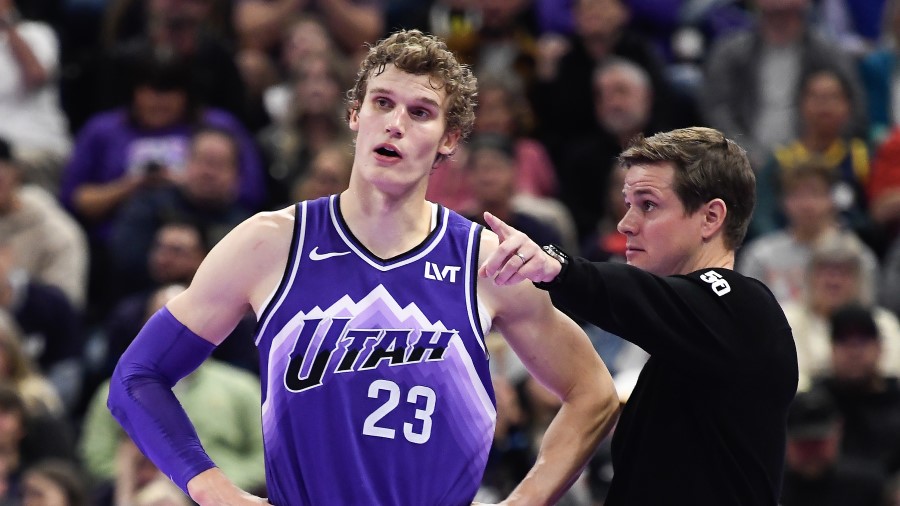 Utah Jazz head coach Will Hardy speaks to Lauri Markkanen #23 during the second half of an NBA In-S...