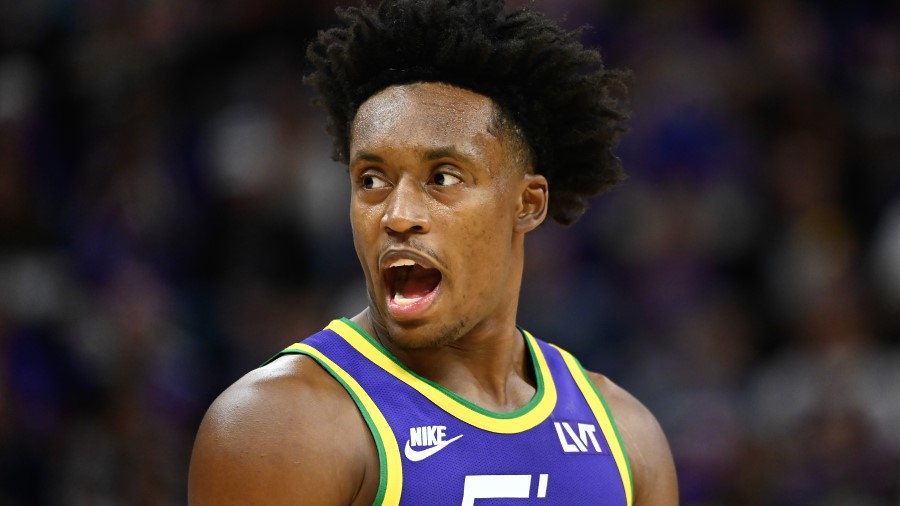 Collin Sexton #2 of the Utah Jazz Nuggets...