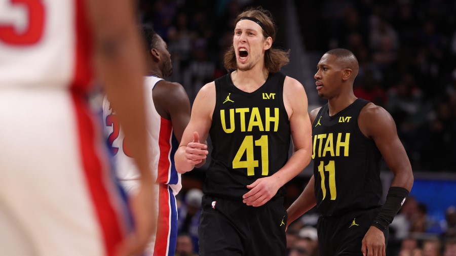 Kelly Olynyk #41 of the Utah Jazz reacts in the second half while playing the Detroit Pistons...