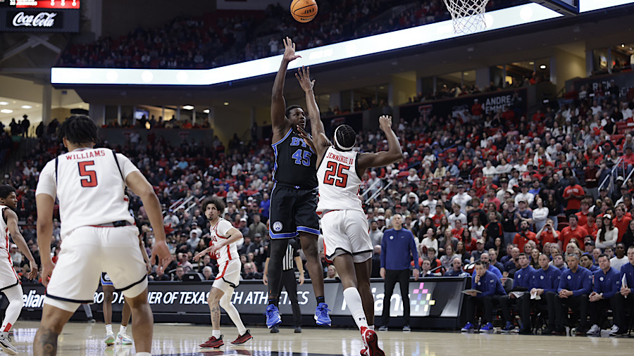 BYU basketball forward Fousseyni Traore attempts a shot against No. 25 Texas Tech in Lubbock...