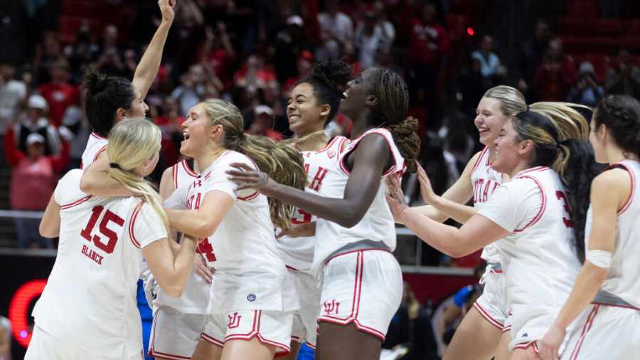 utah-womens-basketball-celebrates-overtime-win-over-ucla-at-the-huntsman-center-2024...