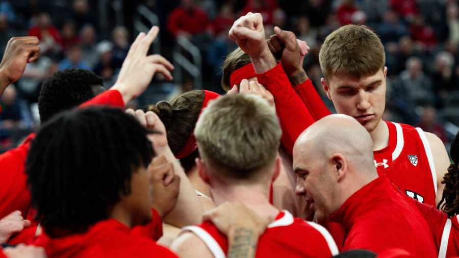utah-basketball-huddles-during-game-with-colorado-in-pac-12-tournament-2024...