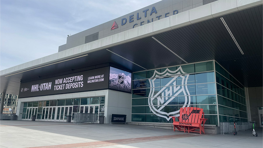 Outside view of delta center in downtown salt lake city with NHL logo