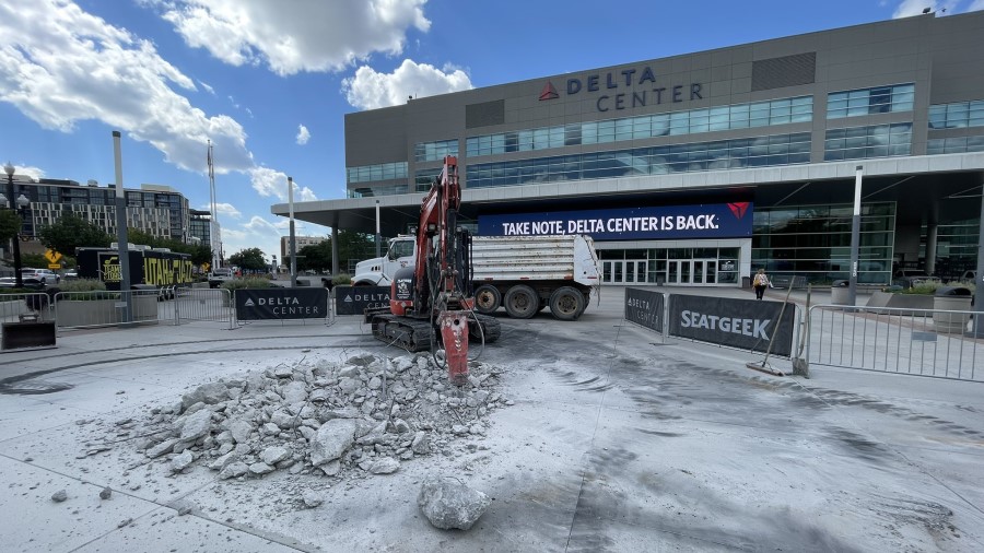 The demolition where the Utah Jazz Note stood at the Delta Center...