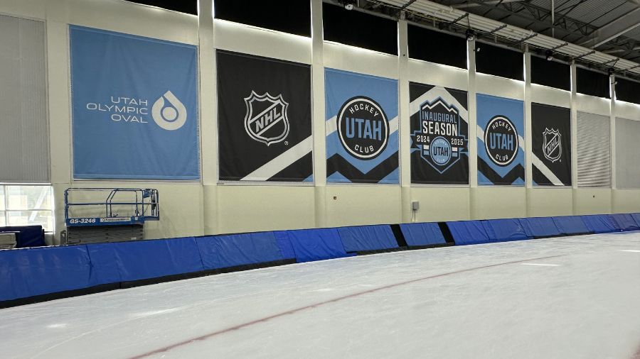 Utah Hockey Club and NHL banners at the Utah Olympic Oval....